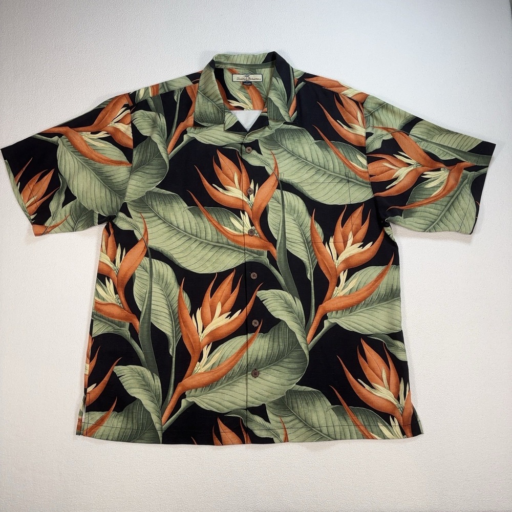 Tommy Bahama Hawaiian Shirt Men's L Green 100% Silk Bird of Paradise Loop Collar